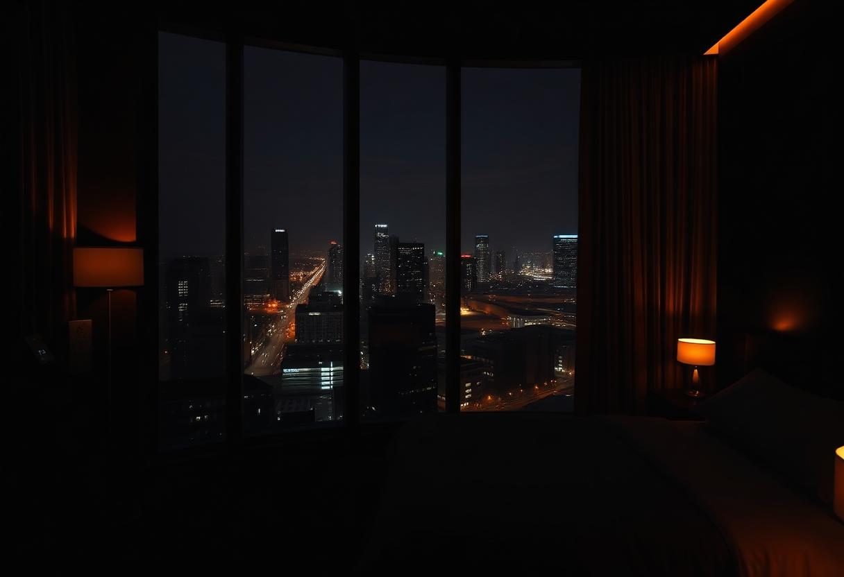 Illustrative premium room near the city at night, not a bookable LIIVRR listing